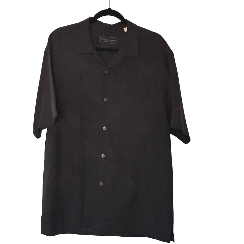 Tommy Bahama Silk Camp Shirt Black Jacquard Palm Tropical Mens Large